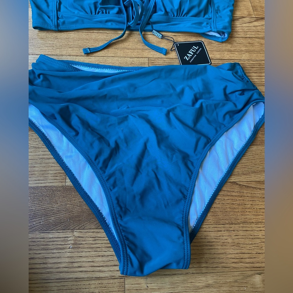 NWT Zaful Dark forest Green womens L Bikini Set high waisted supportive top cups - Picture 6 of 10